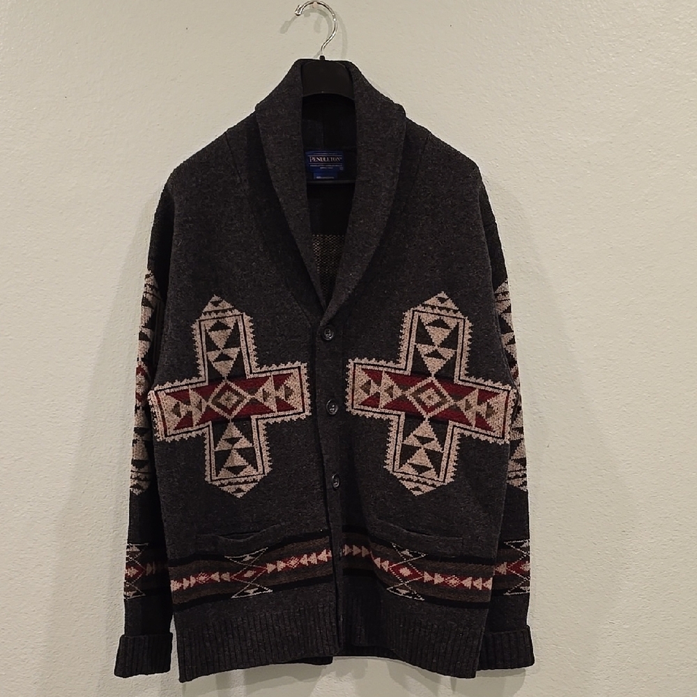 Pendleton Gray and Cream Cardigan Sweater with Geometric Pattern, Like New Cond